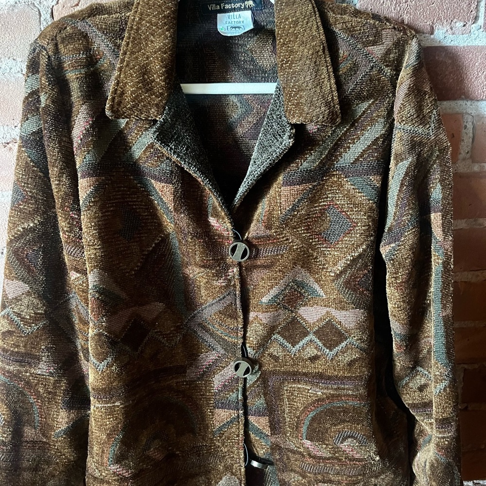 Vintage Villa Factory Textured Patterned Jacket in Brown & Tan M